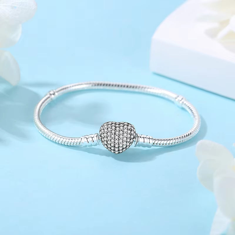 Original 925 Sterling Silver Bracelets Bangles Love Heart Clip Charms Beads Snake Chains for Women Rose Gold DIY Luxury Jewelry