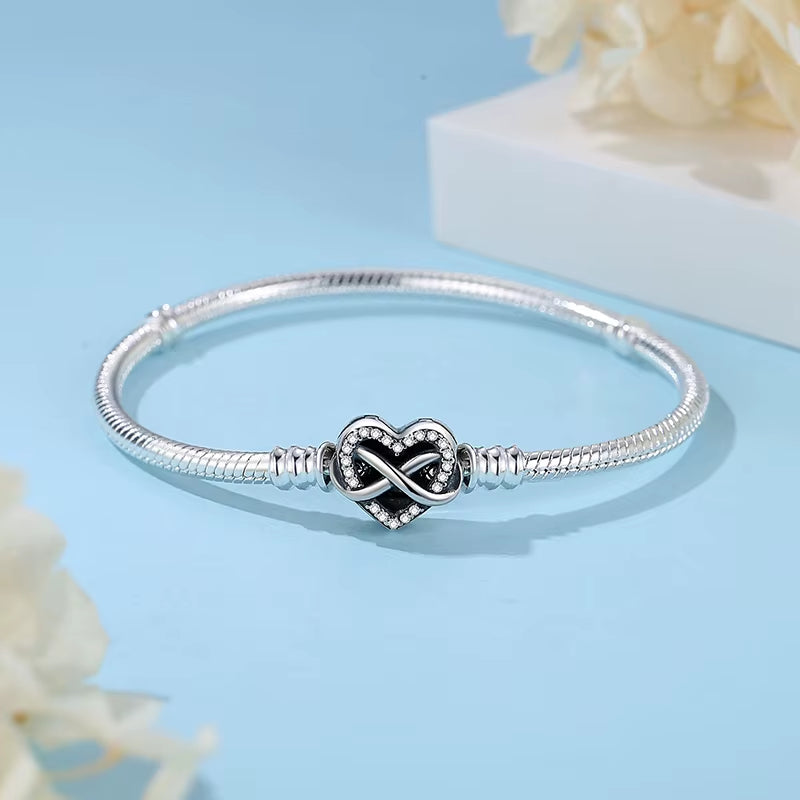 Original 925 Sterling Silver Bracelets Bangles Love Heart Clip Charms Beads Snake Chains for Women Rose Gold DIY Luxury Jewelry