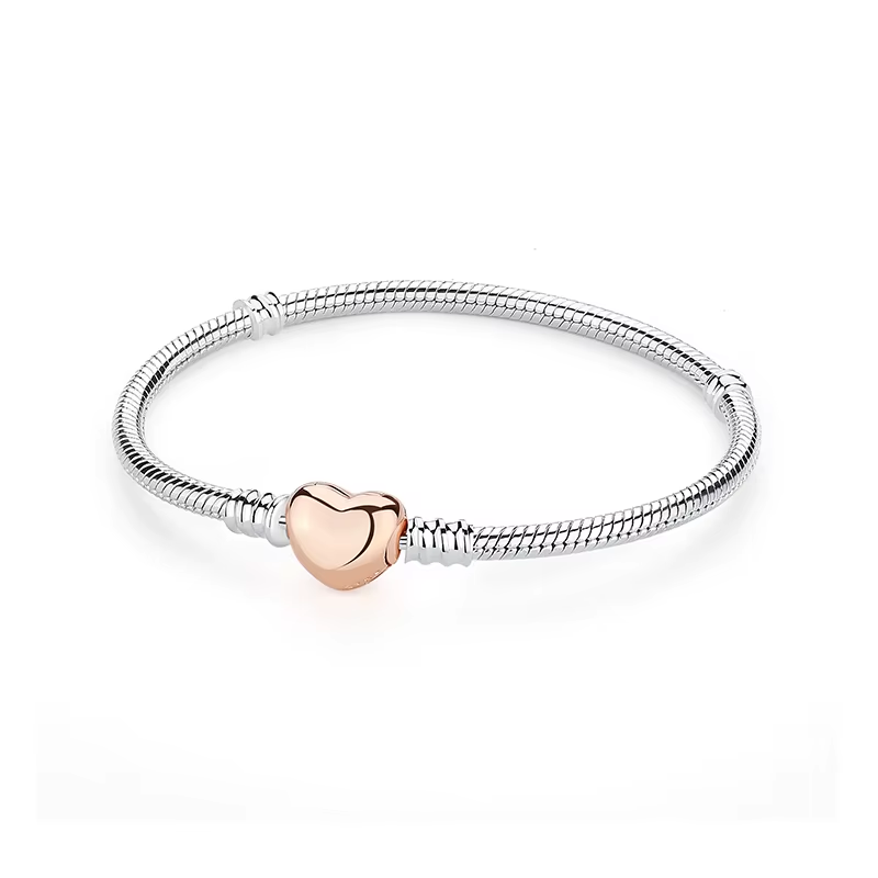 Original 925 Sterling Silver Bracelets Bangles Love Heart Clip Charms Beads Snake Chains for Women Rose Gold DIY Luxury Jewelry